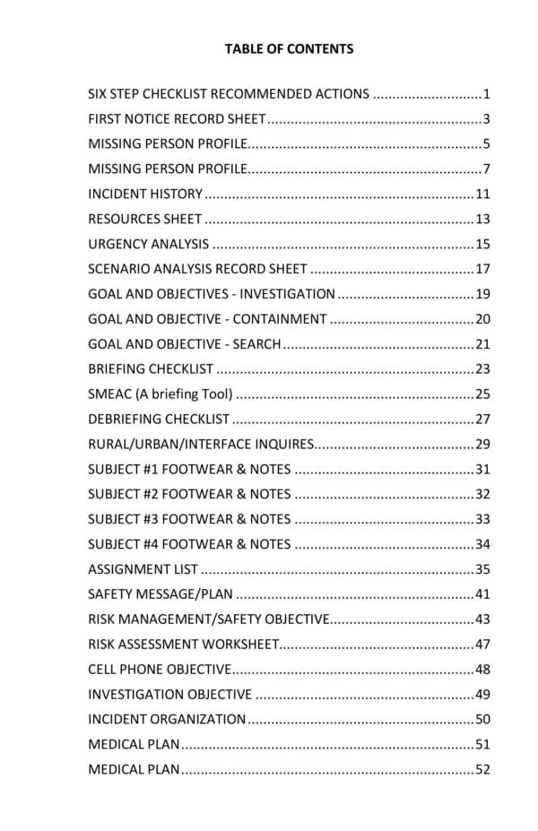 A table of contents for the book