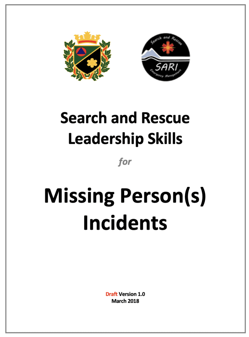 A book cover with the title of search and rescue leadership skills for missing person incidents.
