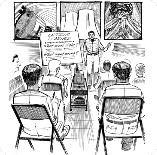 A black and white sketch of a person explaining to students.